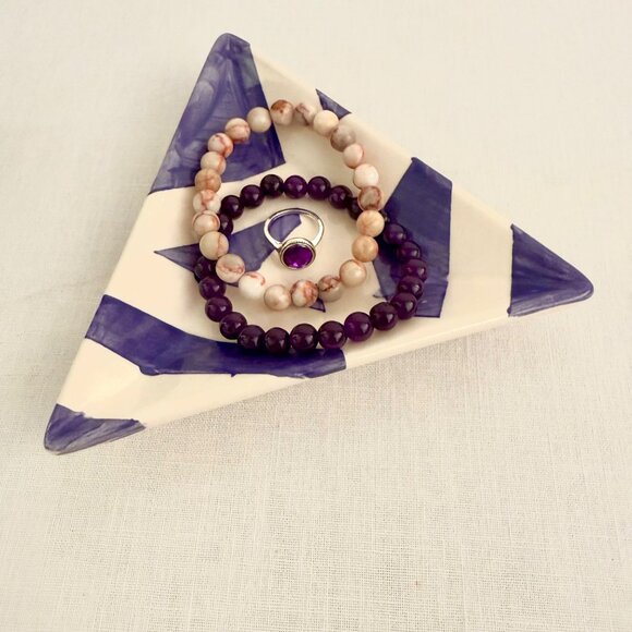 EBK 2014 Hand Painted Triangular Ceramic Dish Purple Abstract Design Signed - Picture 2 of 10